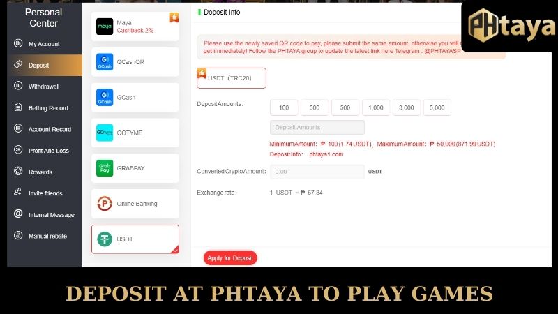 Deposit at PHTAYA to play games